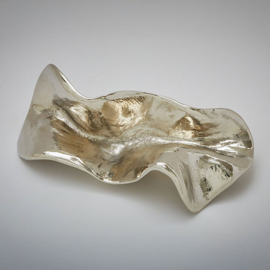 An abstract, fluid-shaped cabinet pull with a wavy, organic silhouette and a textured, reflective finish, photographed on a neutral light gray background.