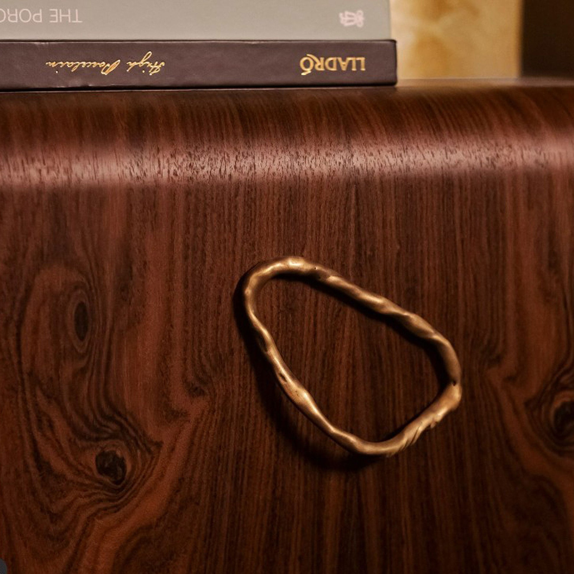 Wooden drawer with a brass organically shaped loop handle and a book titled 'The Pope of Pentecost' in the background.