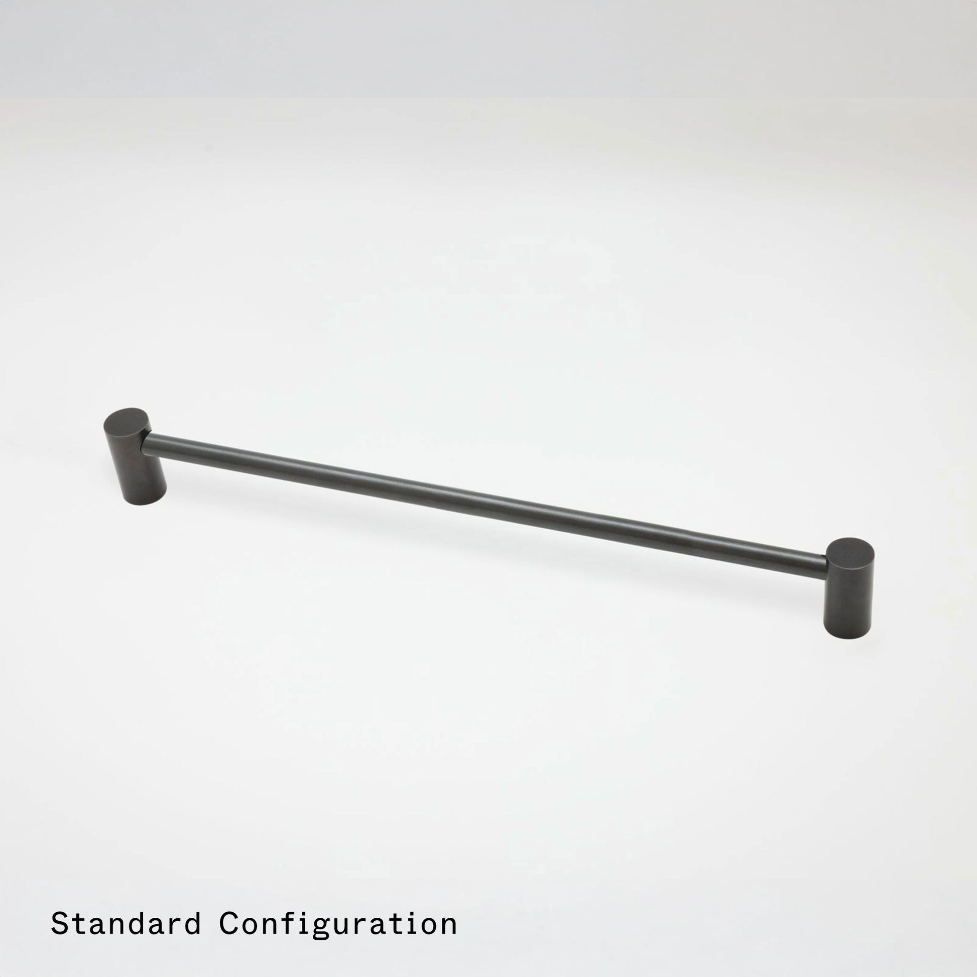 A matte black metal cabinet pull handle with a straight bar and cylindrical end caps, shown on a light gray background with the text 'Standard Configuration' in the bottom-left corner.