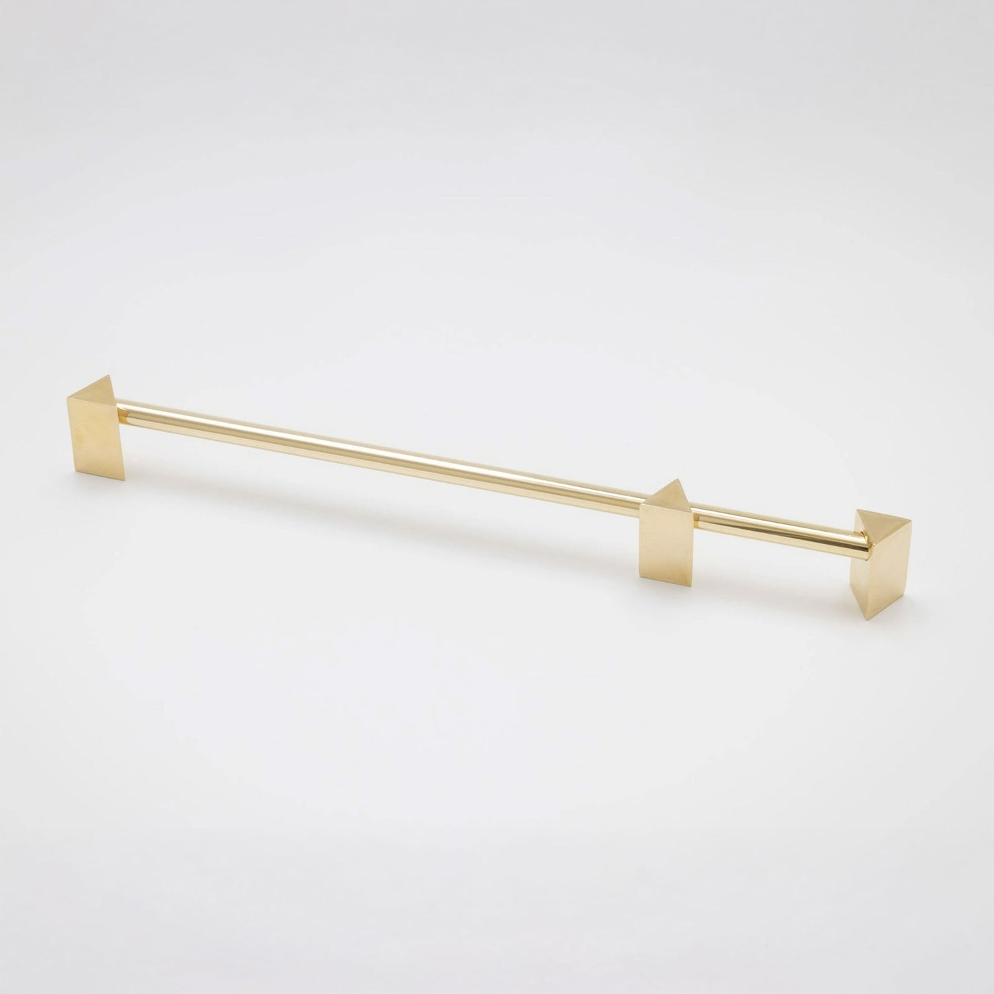 A modern gold cabinet pull with geometric square brackets on each end, shown on a clean white background.