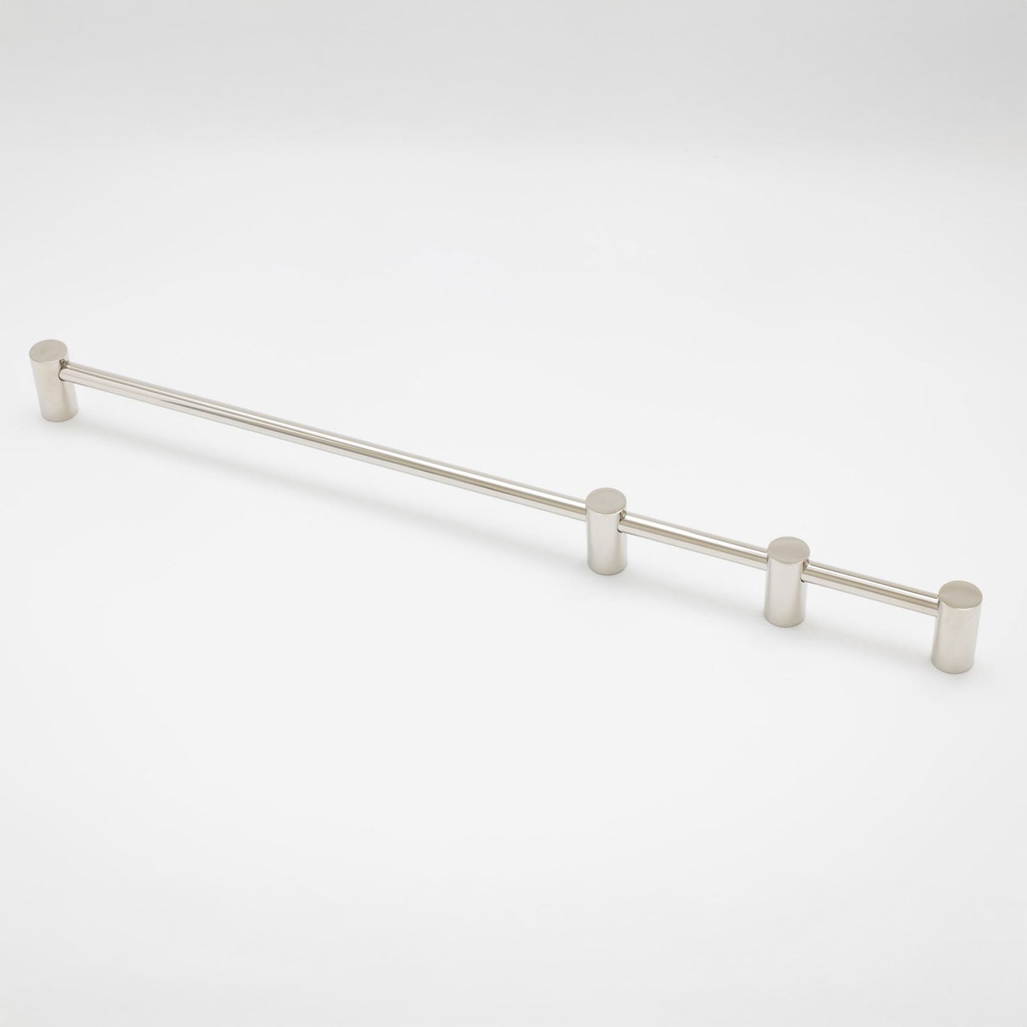 A modern three-post cabinet pull with a brushed nickel finish, shown on a clean white background.