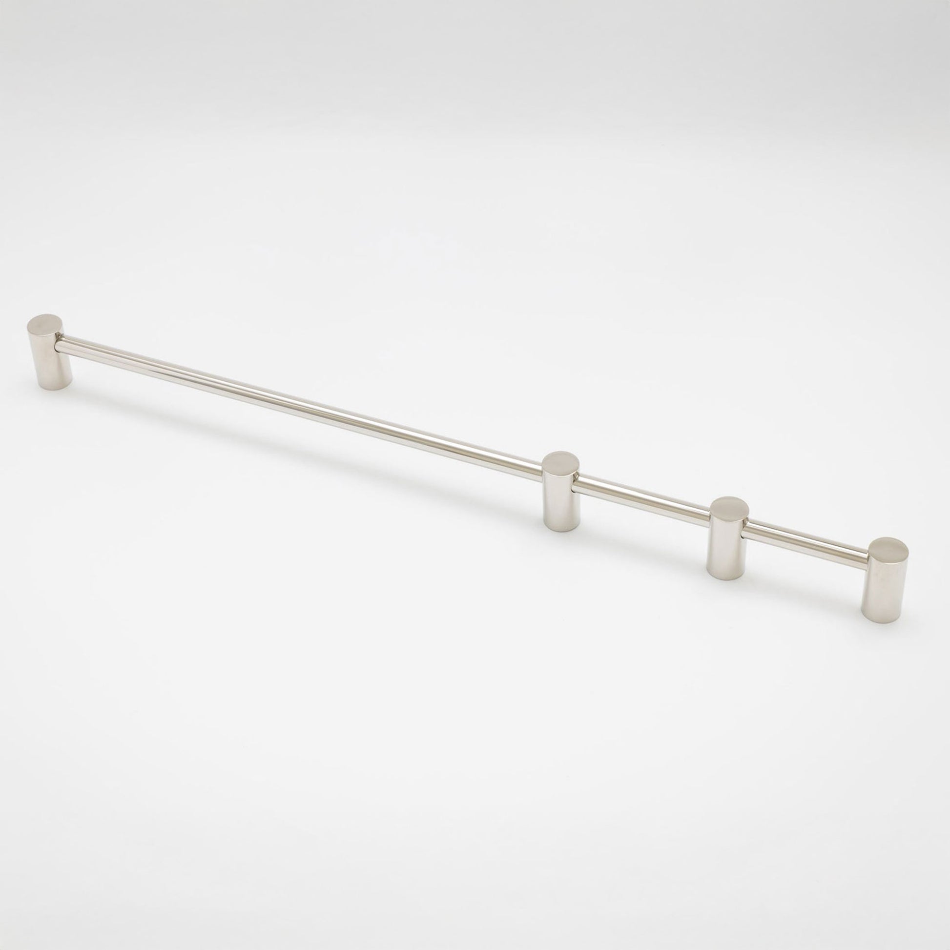 A modern three-post cabinet pull with a brushed nickel finish, shown on a clean white background.