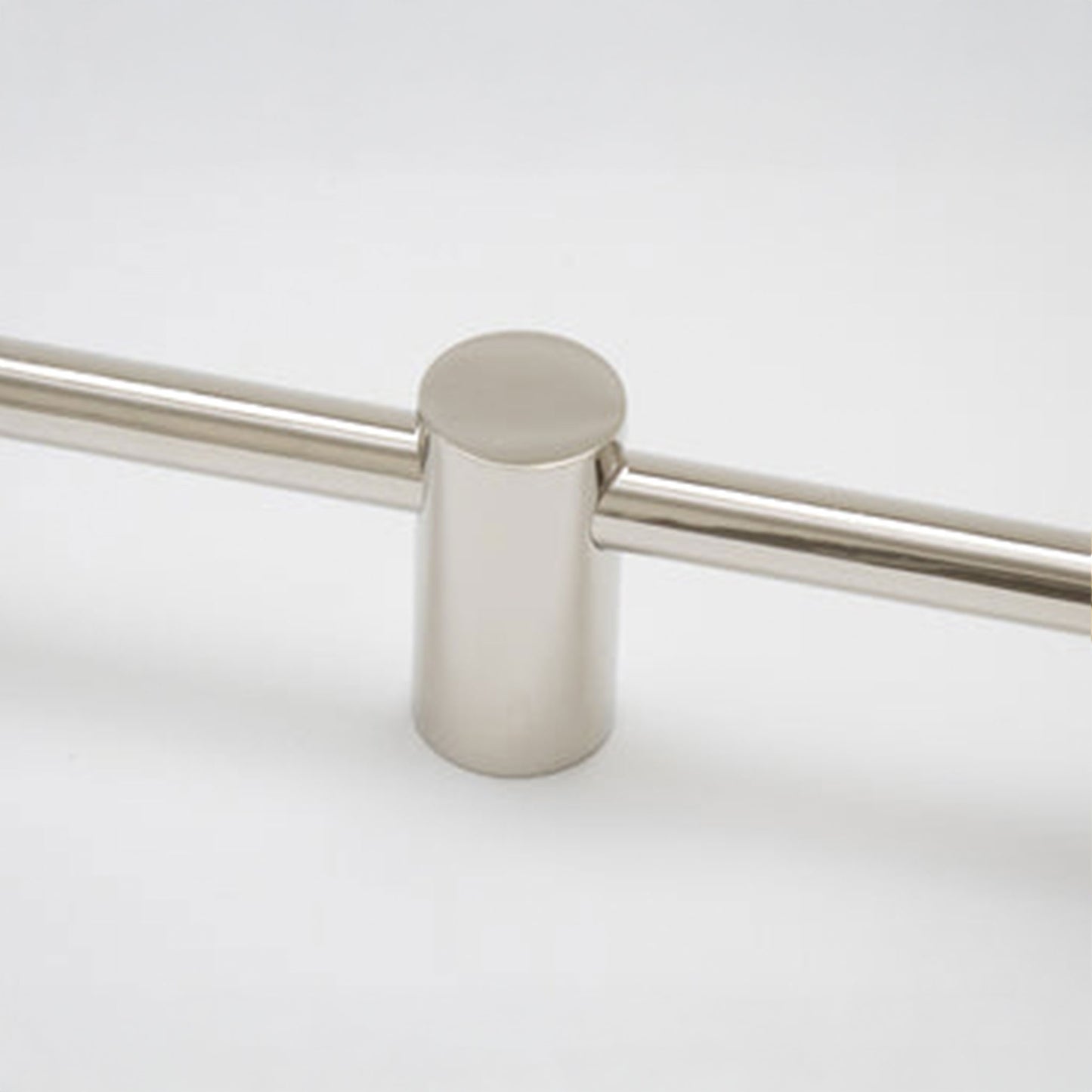 A brushed nickel cabinet pull handle with a cylindrical base and straight horizontal bar, shown on a light gray background.
