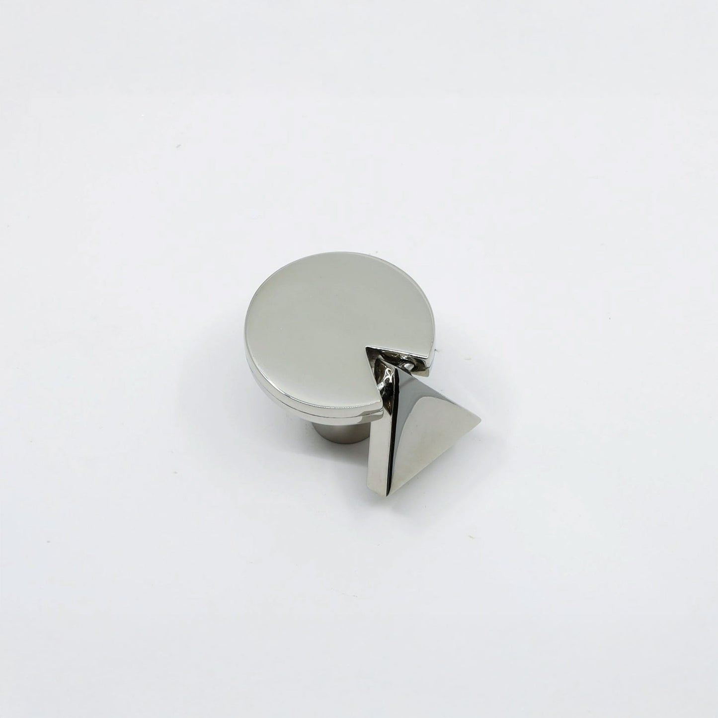 A polished silver metal cabinet knob with a circular top and a triangular wedge accent, shown on a plain white background.