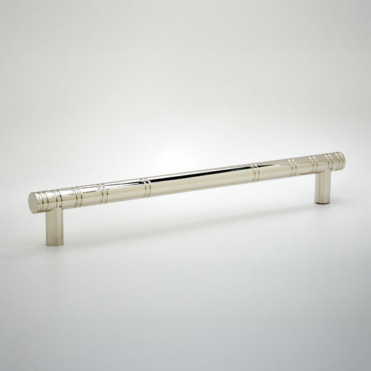 A polished silver cabinet pull handle with a cylindrical rod and two cylindrical posts, shown on a light gray gradient background.