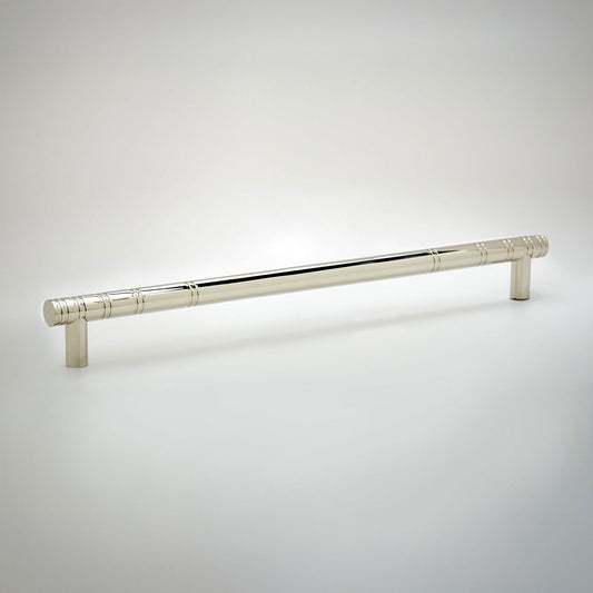 A polished silver cabinet pull handle with a cylindrical rod and decorative knurled ends, shown on a light gray gradient background.