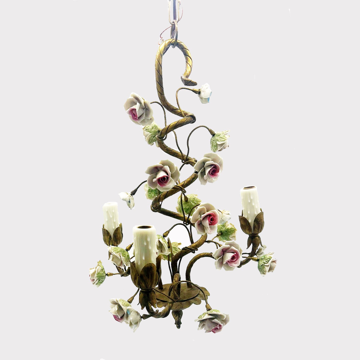 Chandelier with swirling vines and multicolored porcelain roses