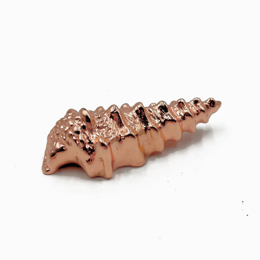 A small metallic shell-shaped cabinet pull in a shiny copper finish, photographed on a plain white background.