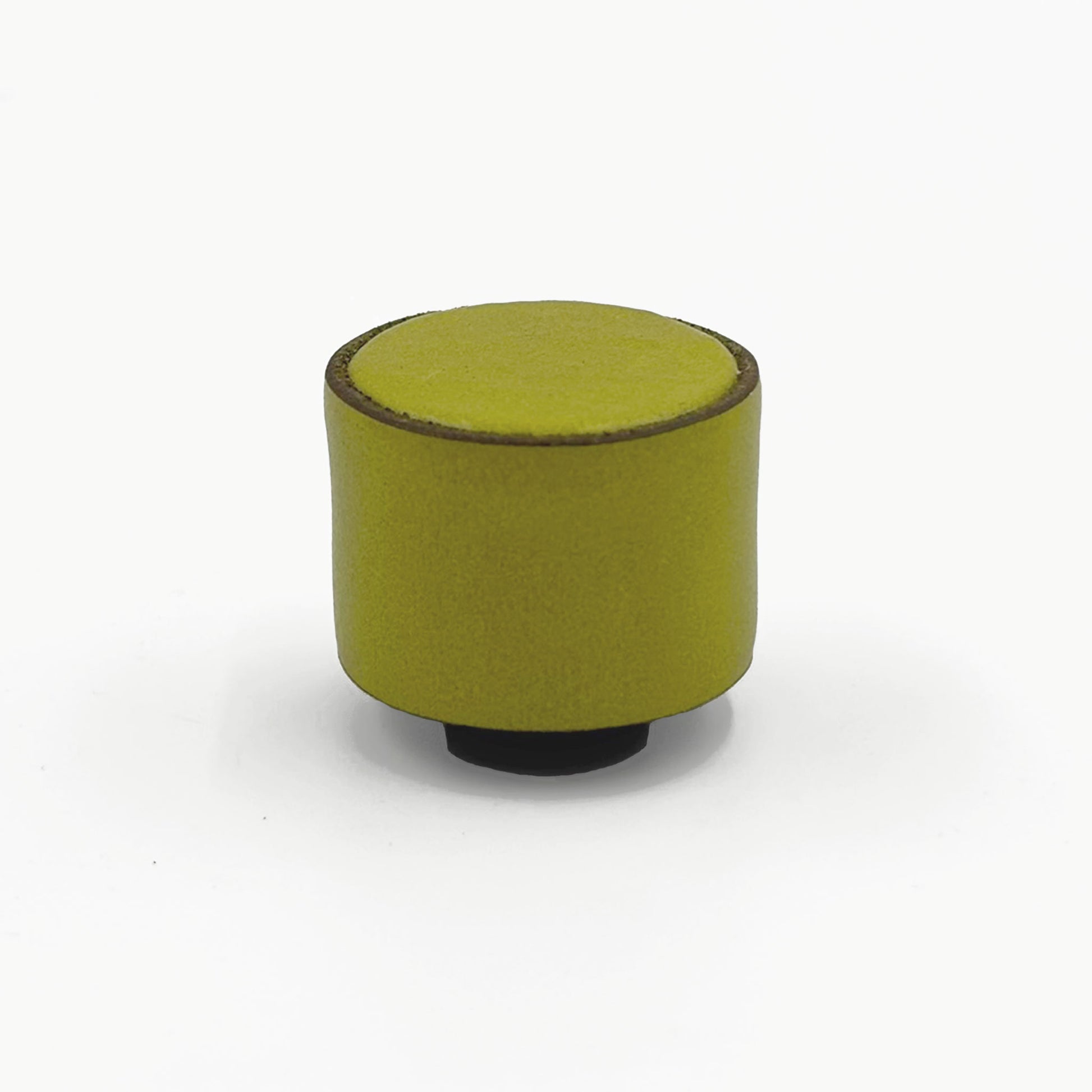 A small cylindrical leather cabinet knob top view, featuring a textured olive green body with a dark brown rim and a black base, set against a plain white background.