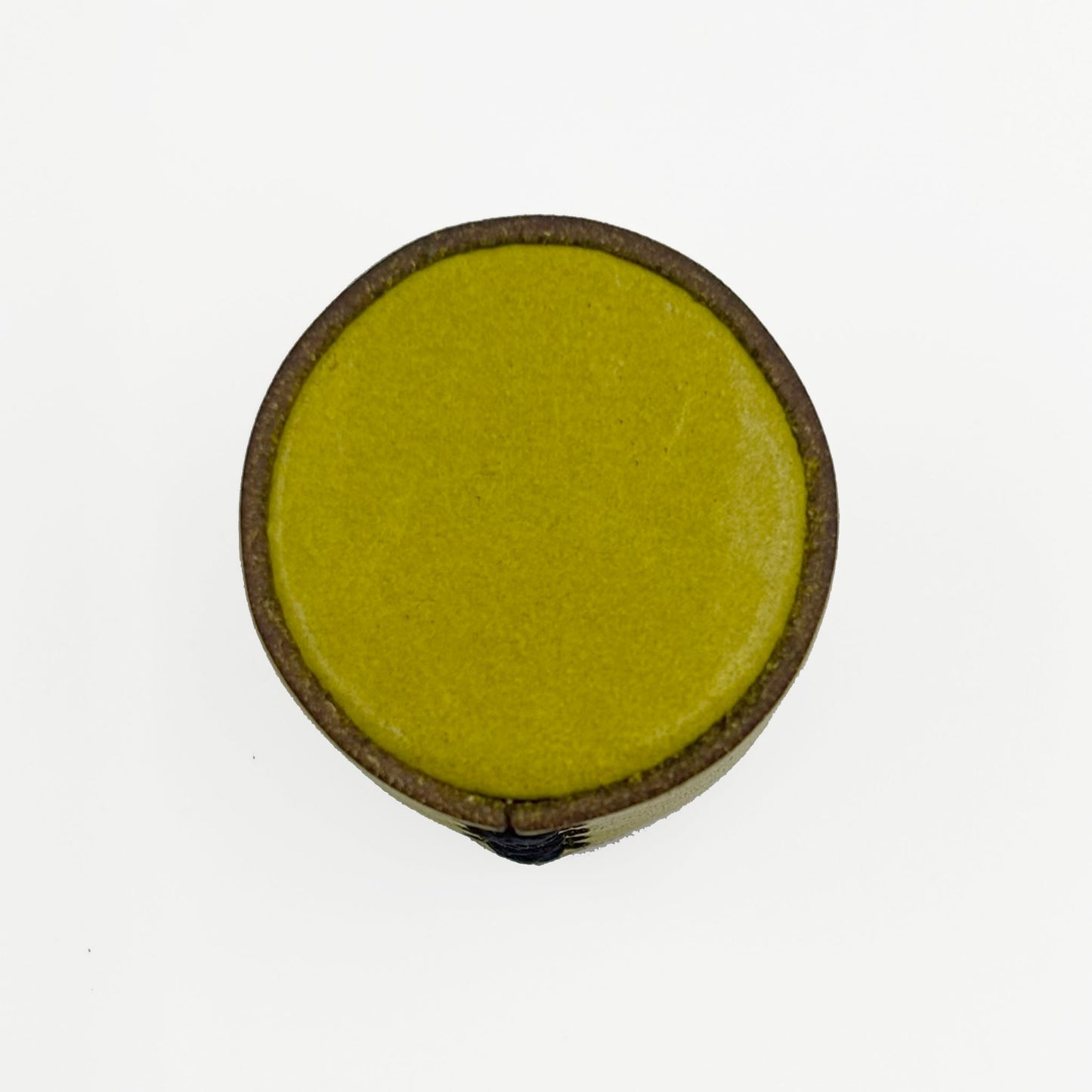 A circular top view of a leather cabinet knob in olive green interior, shown from a top-down view on a plain white background.