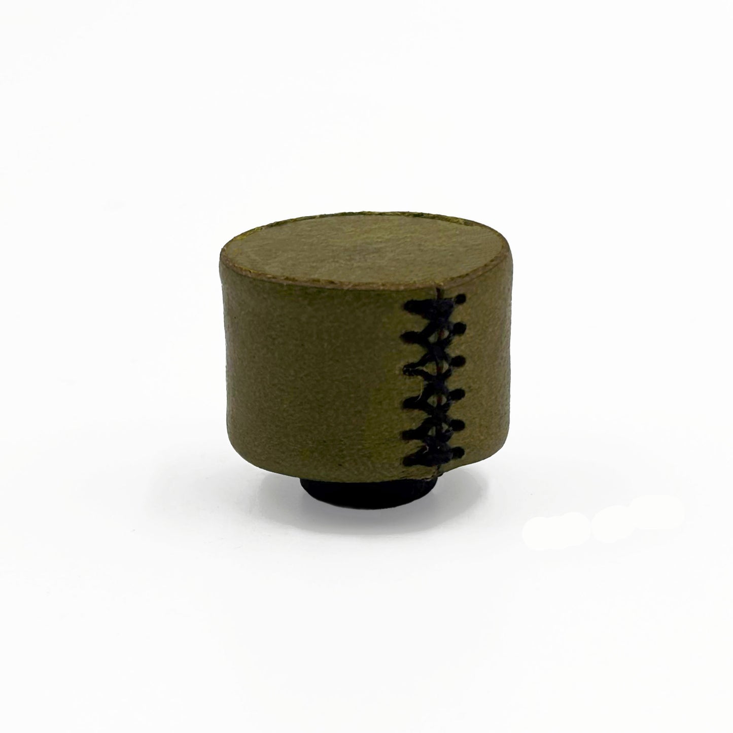 An olive green leather cabinet knob with black decorative stitching and a black circular base, shown on a plain white background.