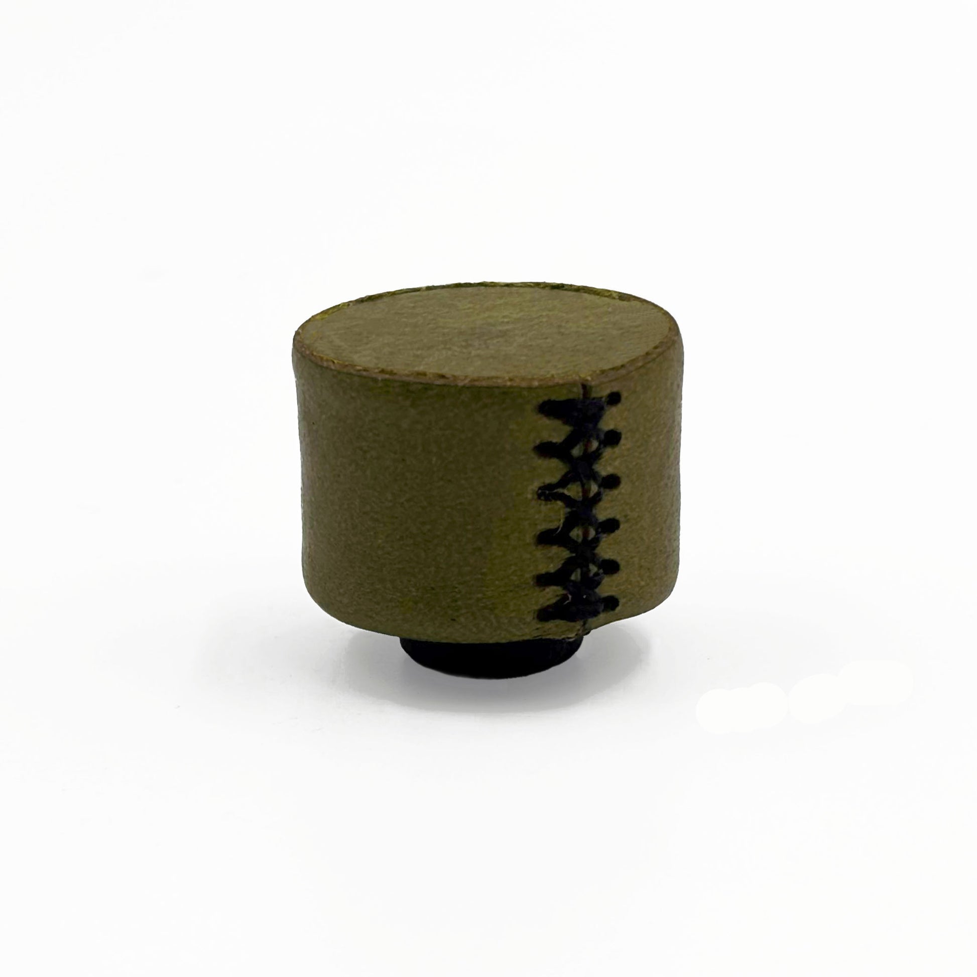 An olive green leather cabinet knob with black decorative stitching and a black circular base, shown on a plain white background.