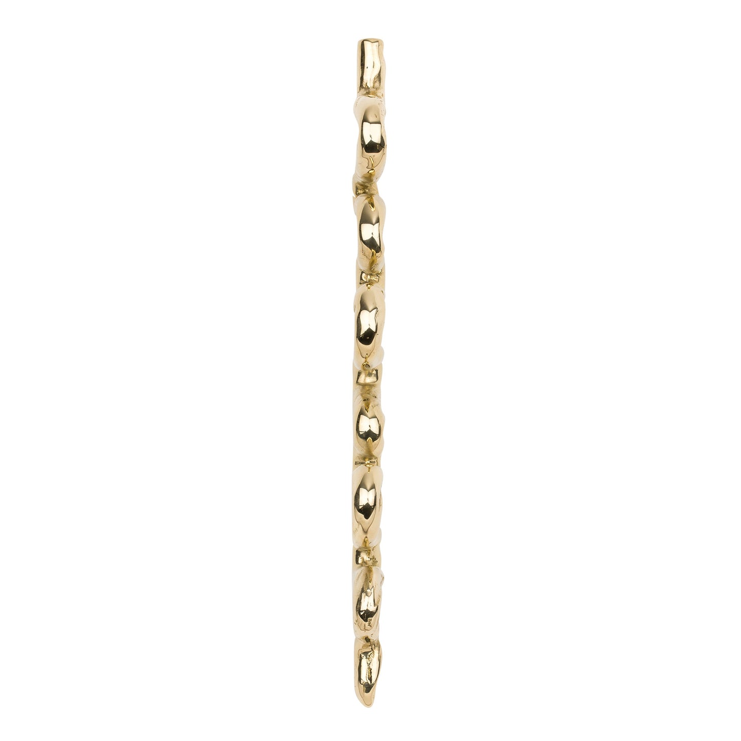 Top view of a Brass sinious snake-shaped cabinet pull on a white background