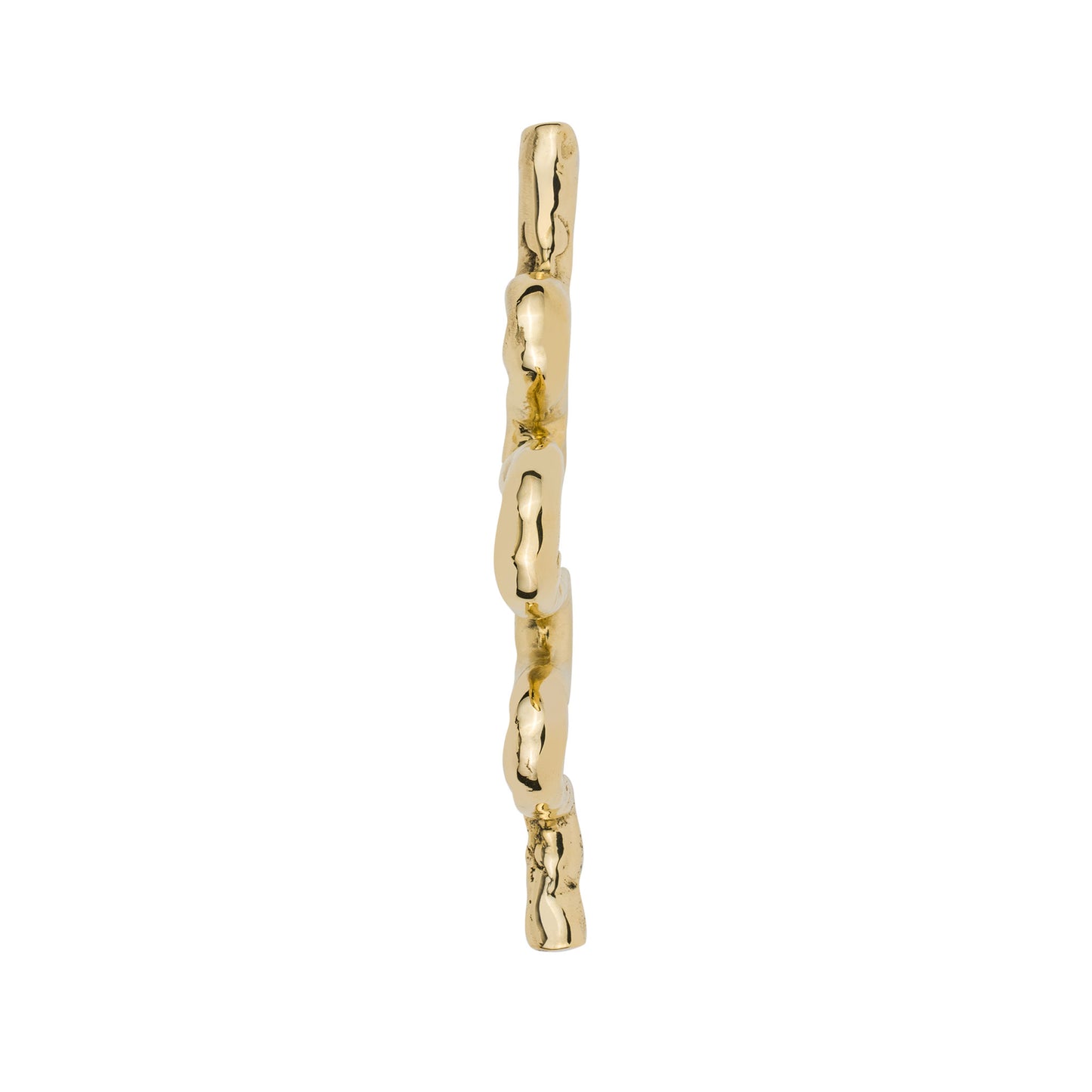 Top view of a brass snake-shaped cabinet pull on a white background