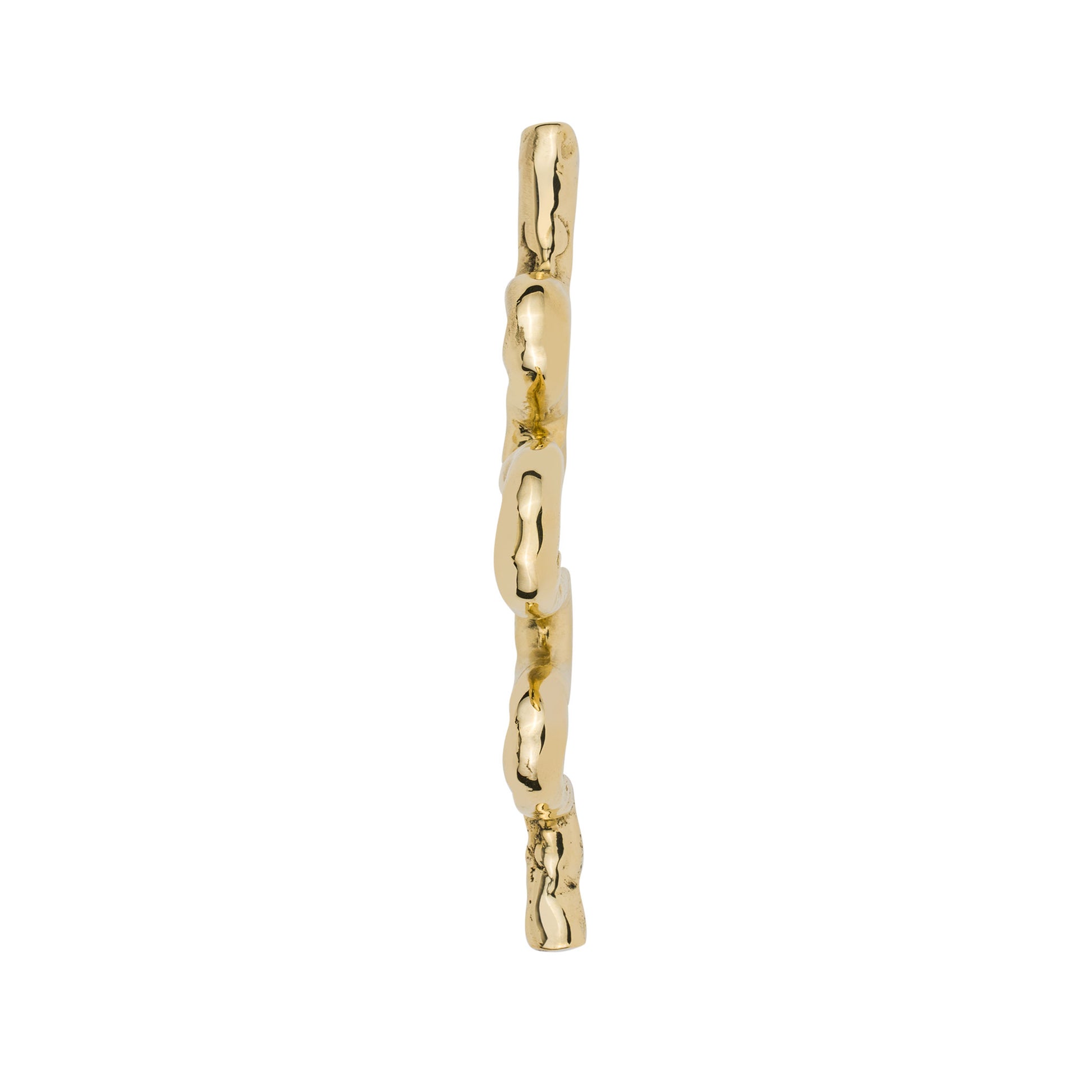 Top view of a brass snake-shaped cabinet pull on a white background