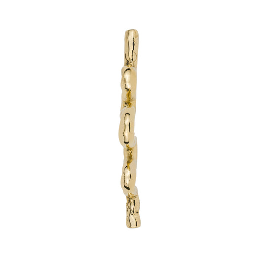 Top view of a brass snake-shaped cabinet pull on a white background