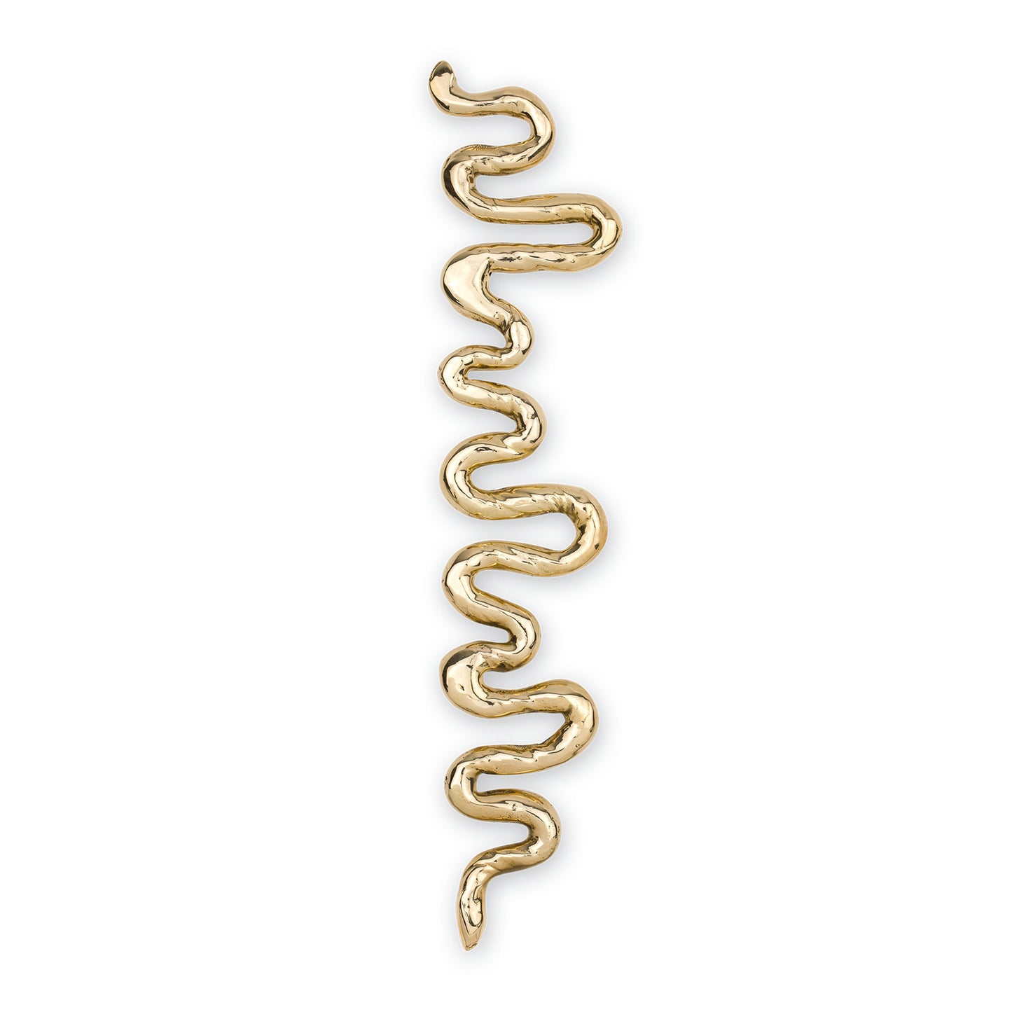 Top View of a Brass sinious snake-shaped cabinet pull on a white background
