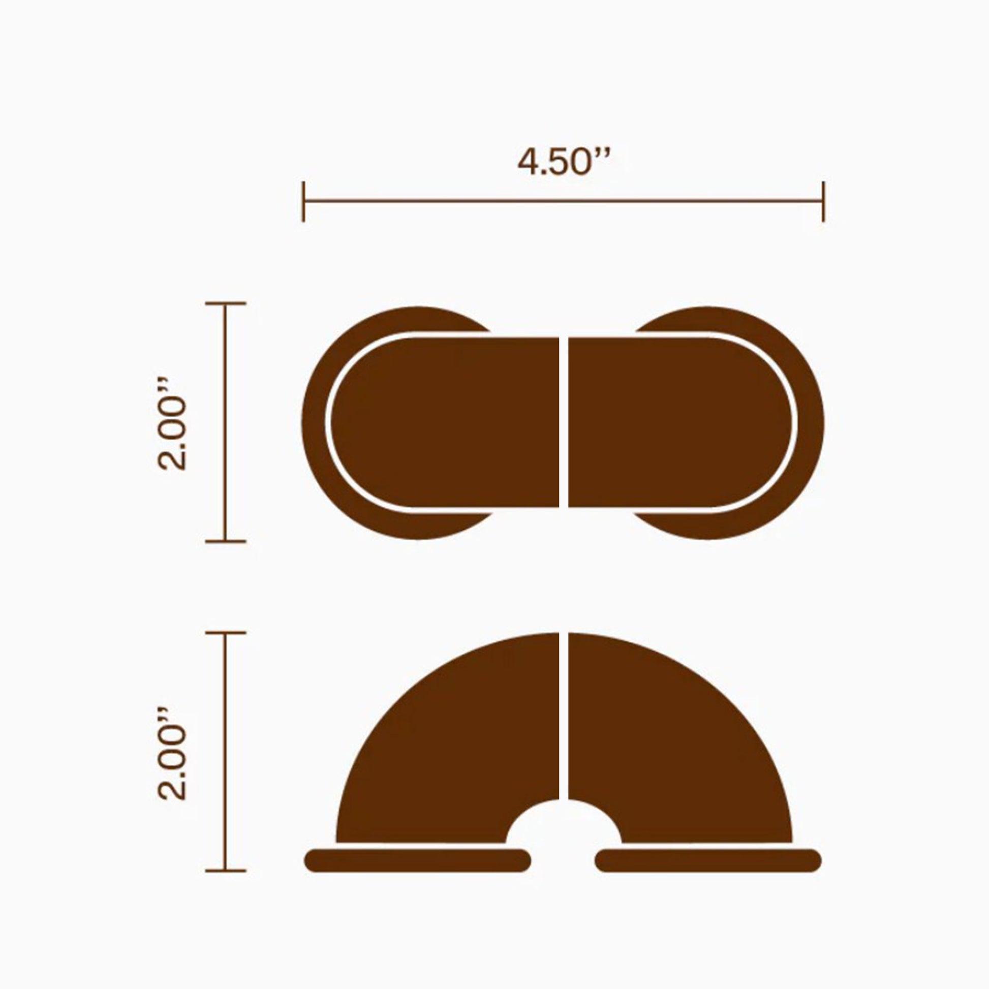a spec sheet showing the size and shape of our split macaroni pull in dark brown on white
