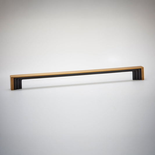 A modern long cabinet pull handle featuring a light natural wood top and a black geometric frame, shown against a neutral light gray background.