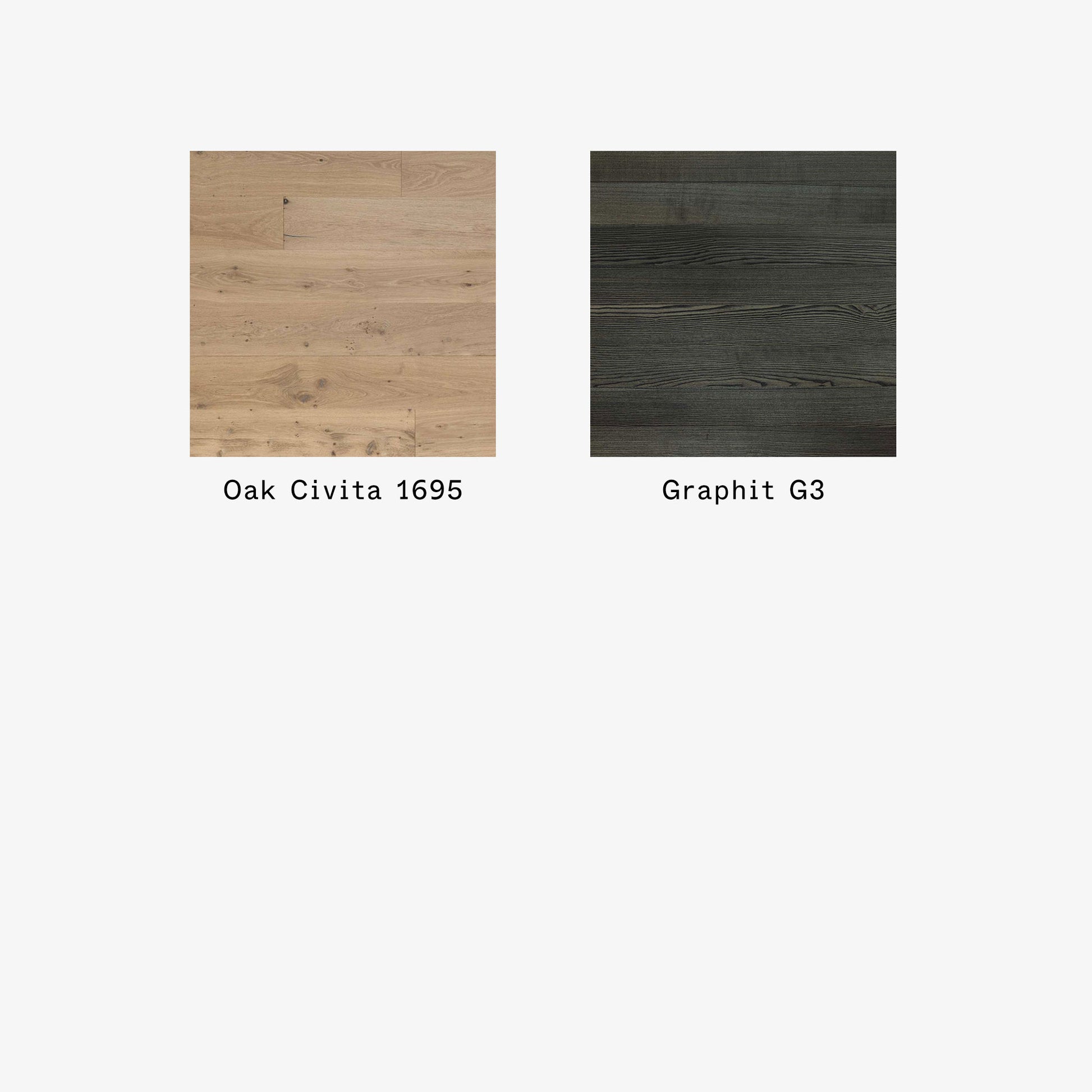 Two wood finishes, Oak Civita 1695 and Graphit G3, displayed side by side on a white background.