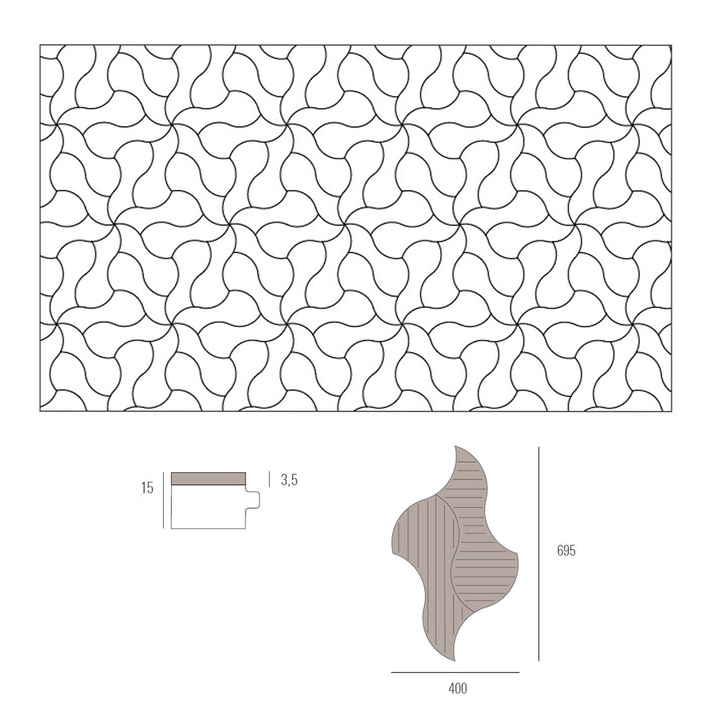 Decorative wood flooring layout pattern with measurements on a white background
