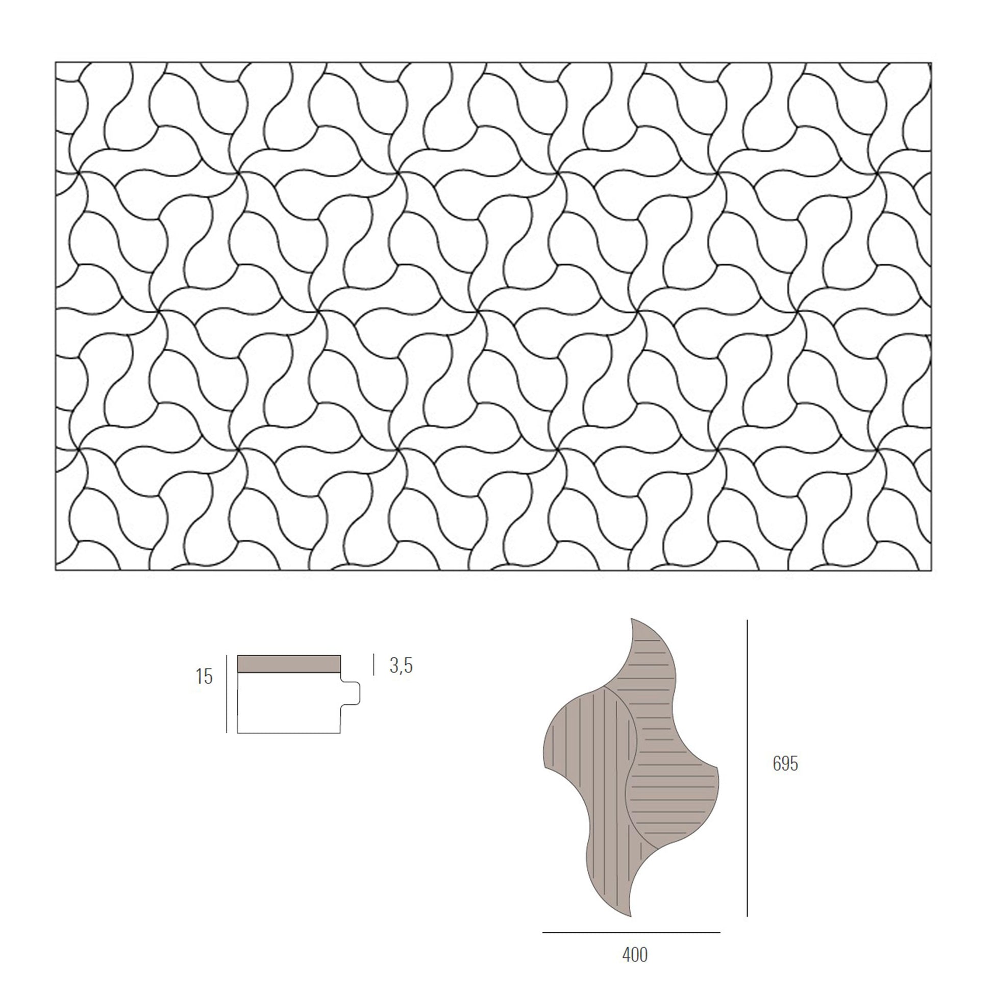Decorative wood flooring layout pattern with measurements on a white background