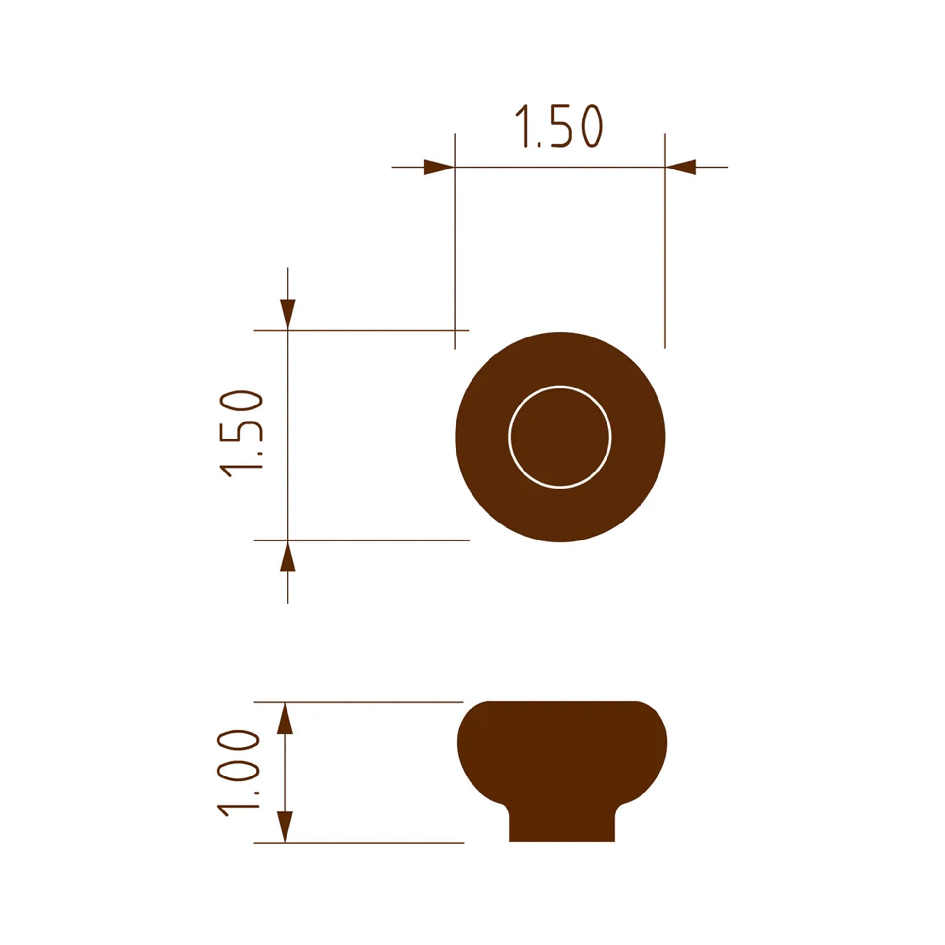 a spec sheet showing the size and shape of the thumbprint knobl in dark brown on white