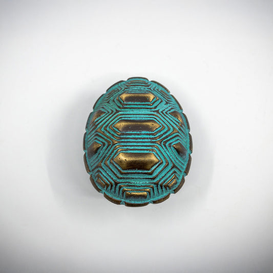 A small turquoise and gold-toned polished brass tortoise shell cabinet hardware pull on an off-white background.
