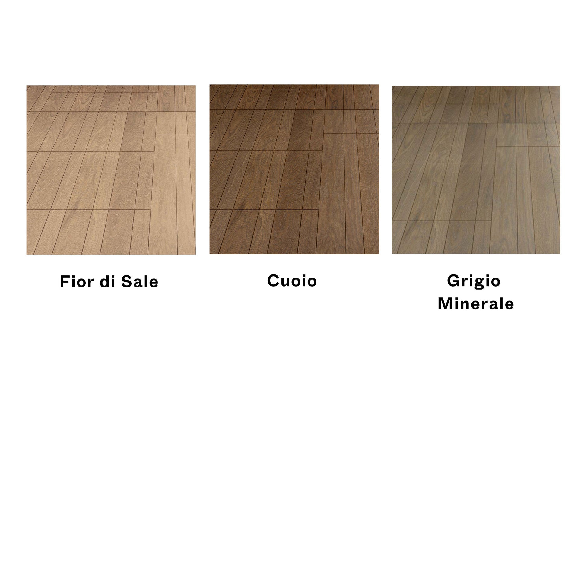 Three different wood flooring samples labeled 'Fior di Sale', 'Cuoio', and 'Grigio Minerale' on a white background.