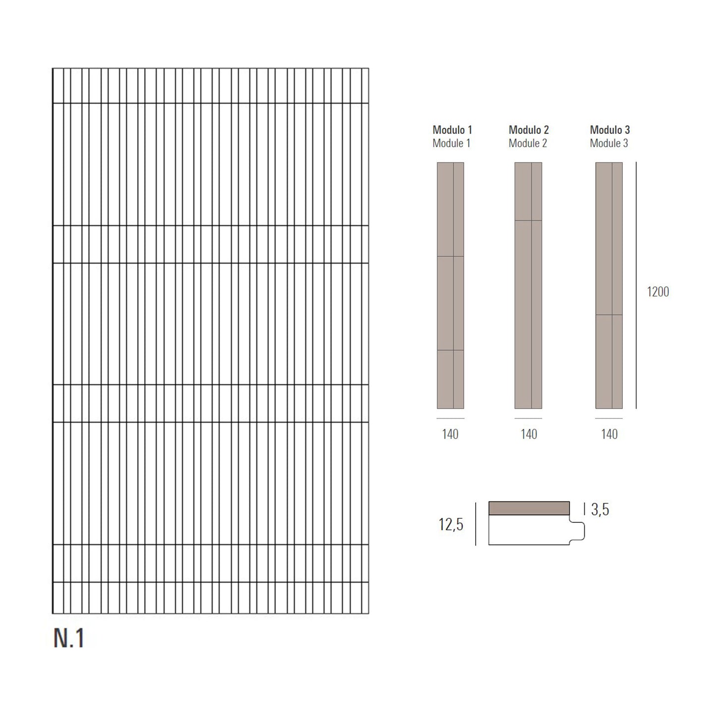 Technical drawing of a flooring layout with plank dimensions and module labels on a white background