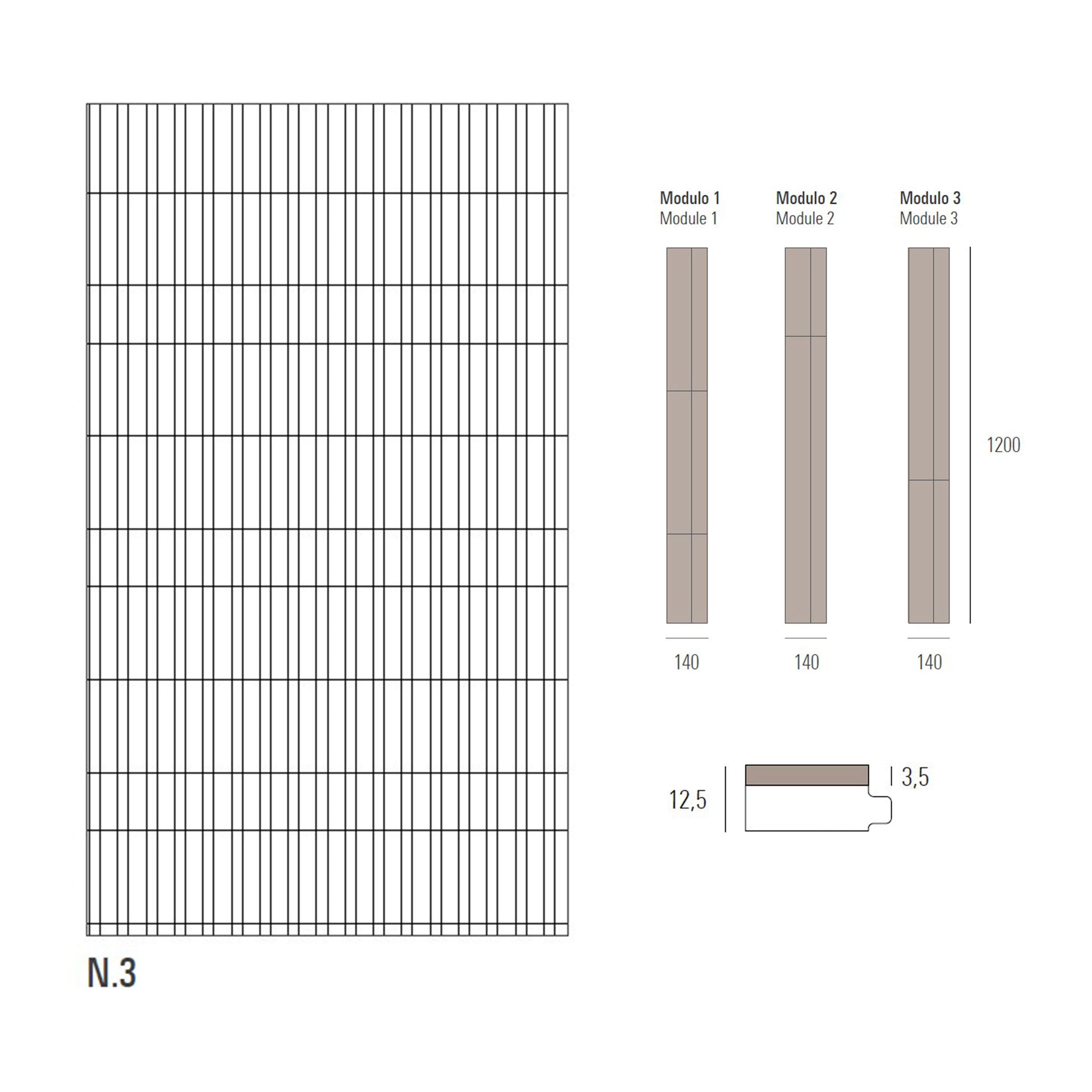 Technical drawing of a flooring layout with plank dimensions and module labels on a white background
