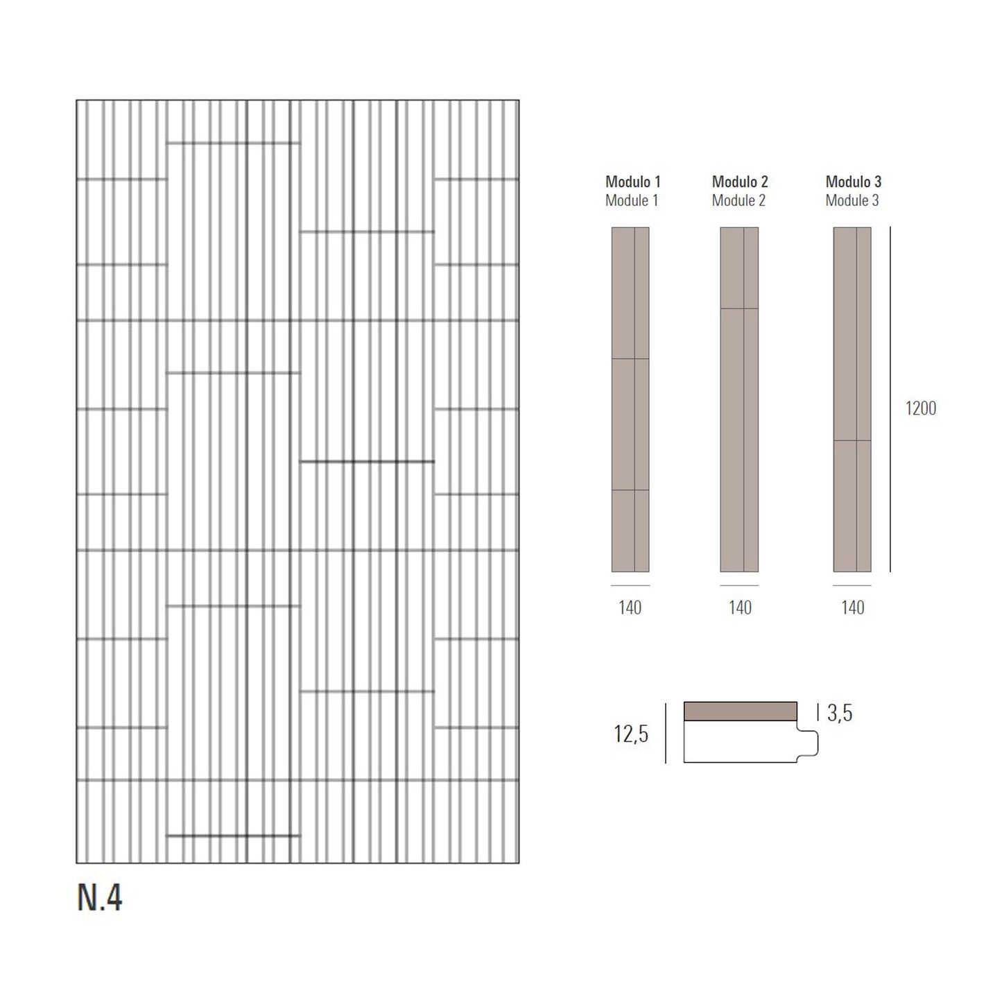 Technical drawing of a flooring layout with plank dimensions and module labels on a white background