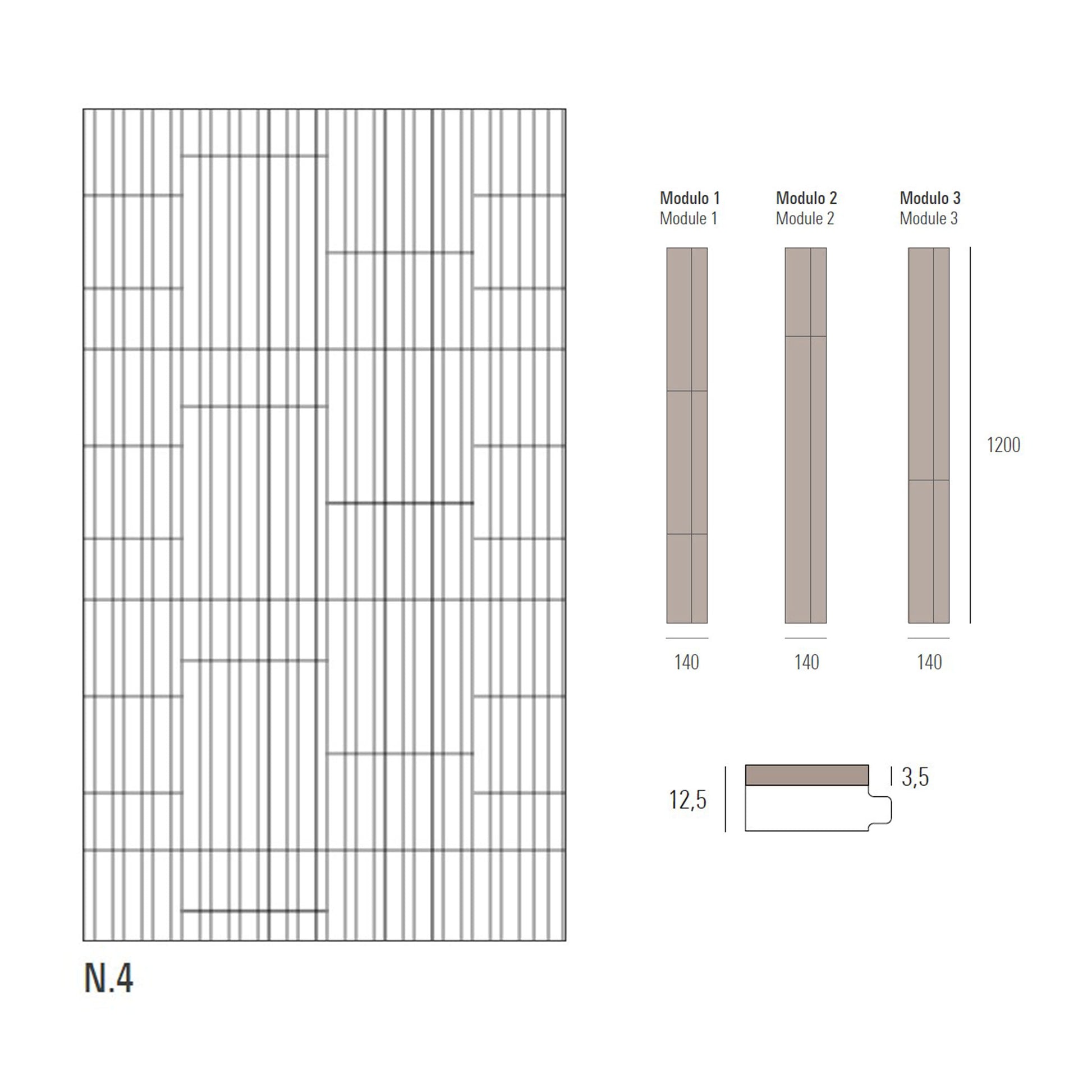 Technical drawing of a flooring layout with plank dimensions and module labels on a white background