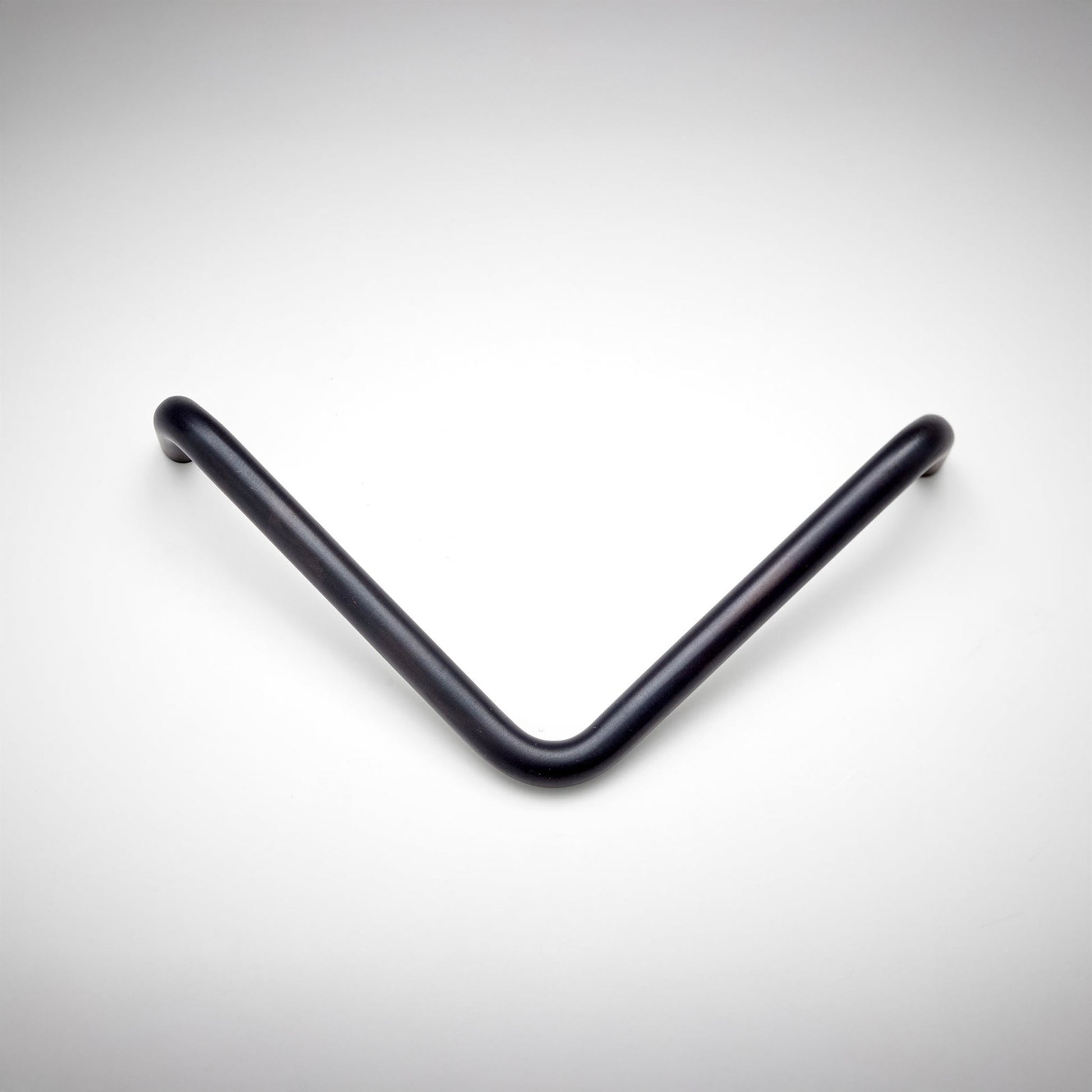 A tube metal L-shaped cabinet pull on a white background