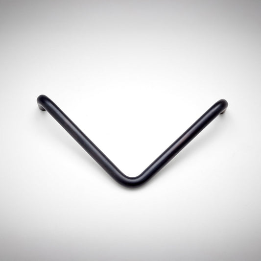 A tube metal L-shaped cabinet pull on a white background