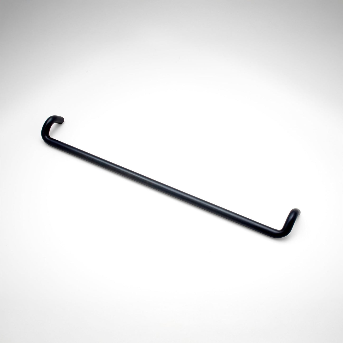 A metal cabinet pull with a curved hook design on both ends, shown on a light gray gradient background.