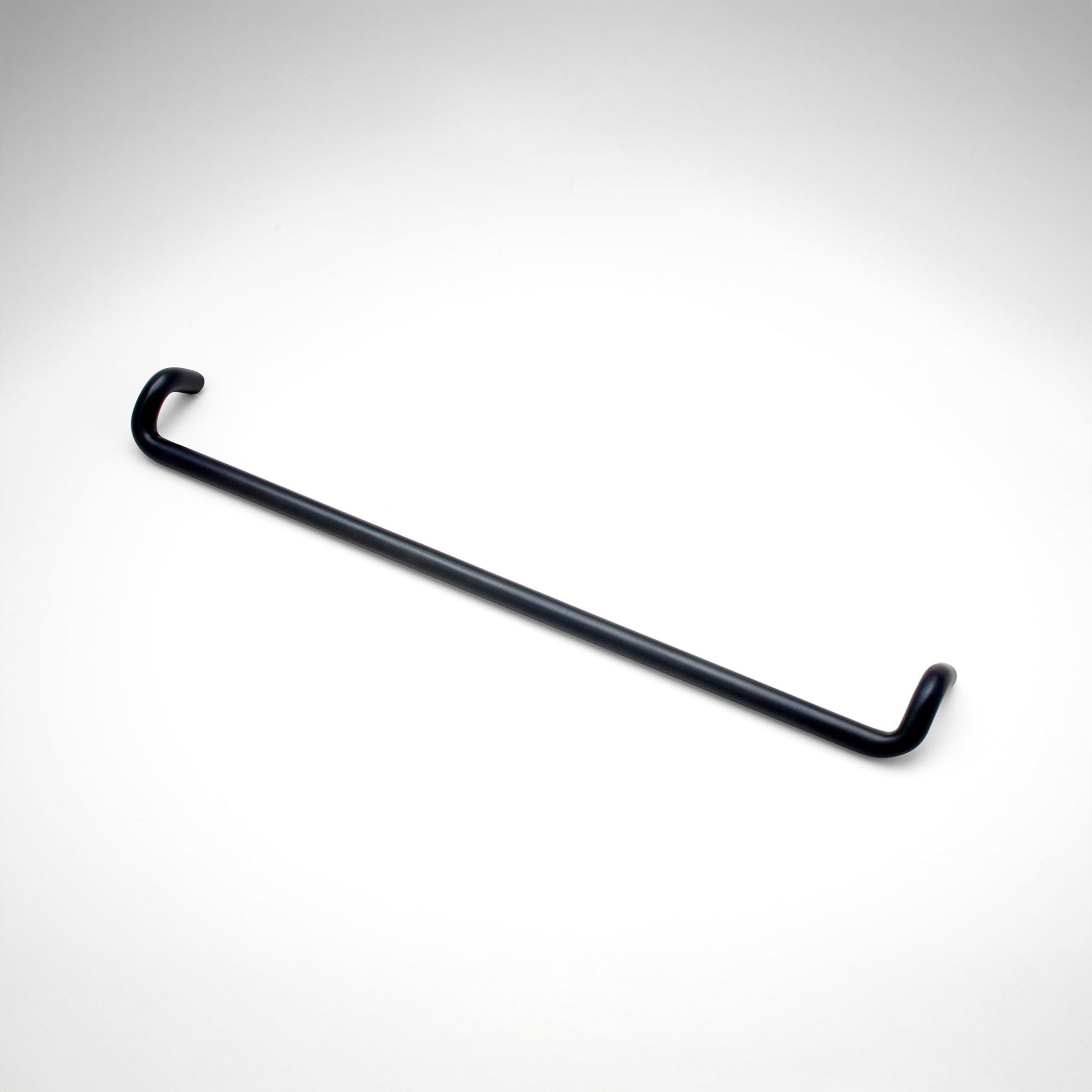 A metal cabinet pull with a curved hook design on both ends, shown on a light gray gradient background.