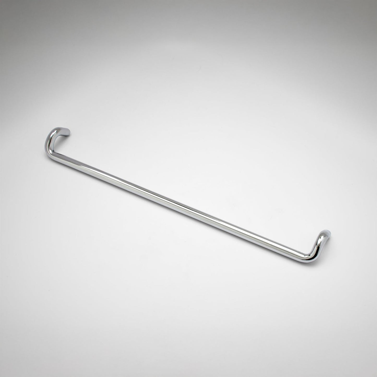 A metal cabinet pull with a curved hook design on both ends, shown on a light gray gradient background.