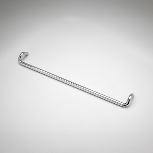 A metal cabinet pull with a curved hook design on both ends, shown on a light gray gradient background.
