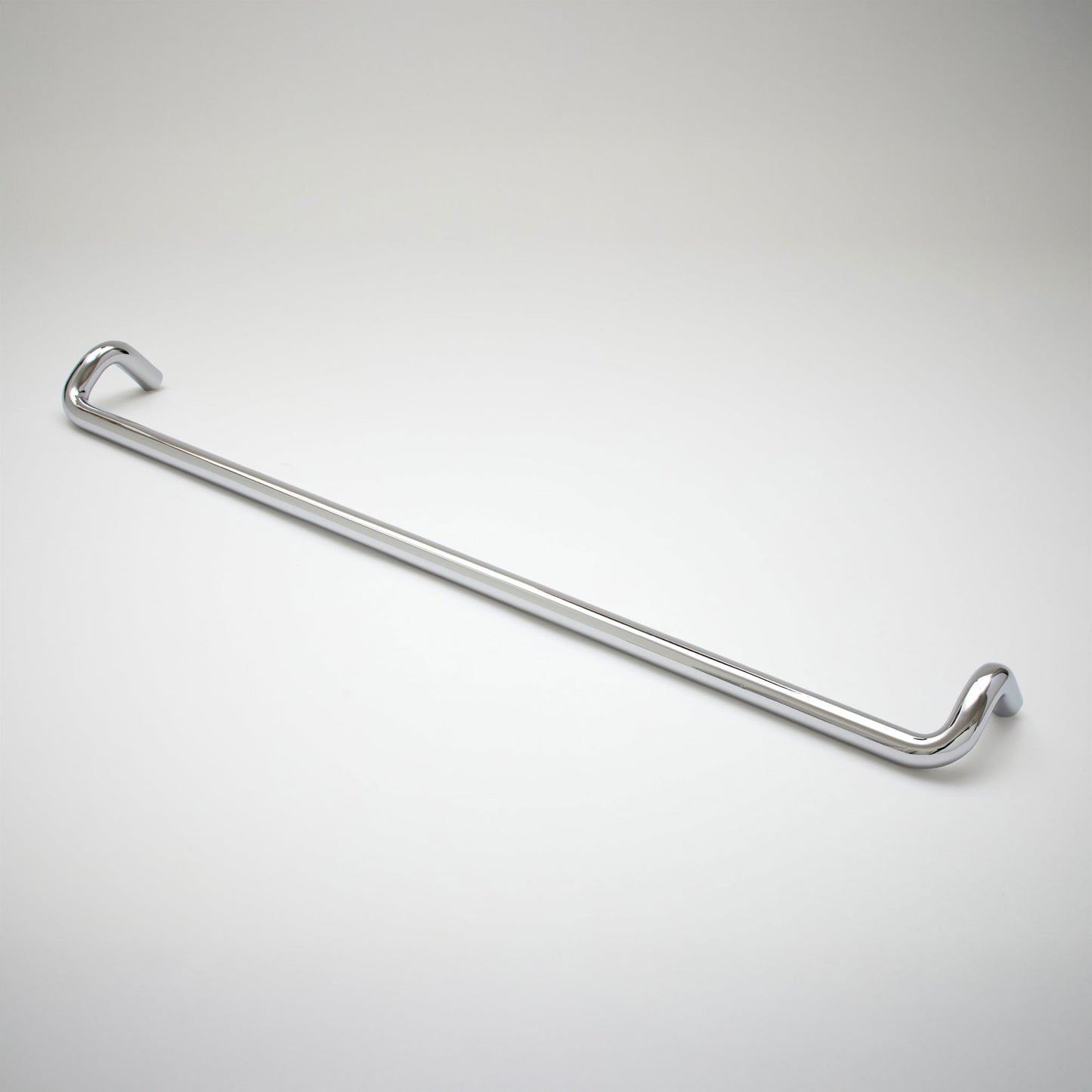 A polished chrome cabinet pull with a sleek, curved design, shown on a clean light gray background.