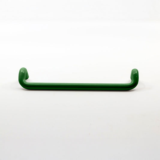 A single dark green metal cabinet pull with a curved, rounded design, shown horizontally against a plain white background.
