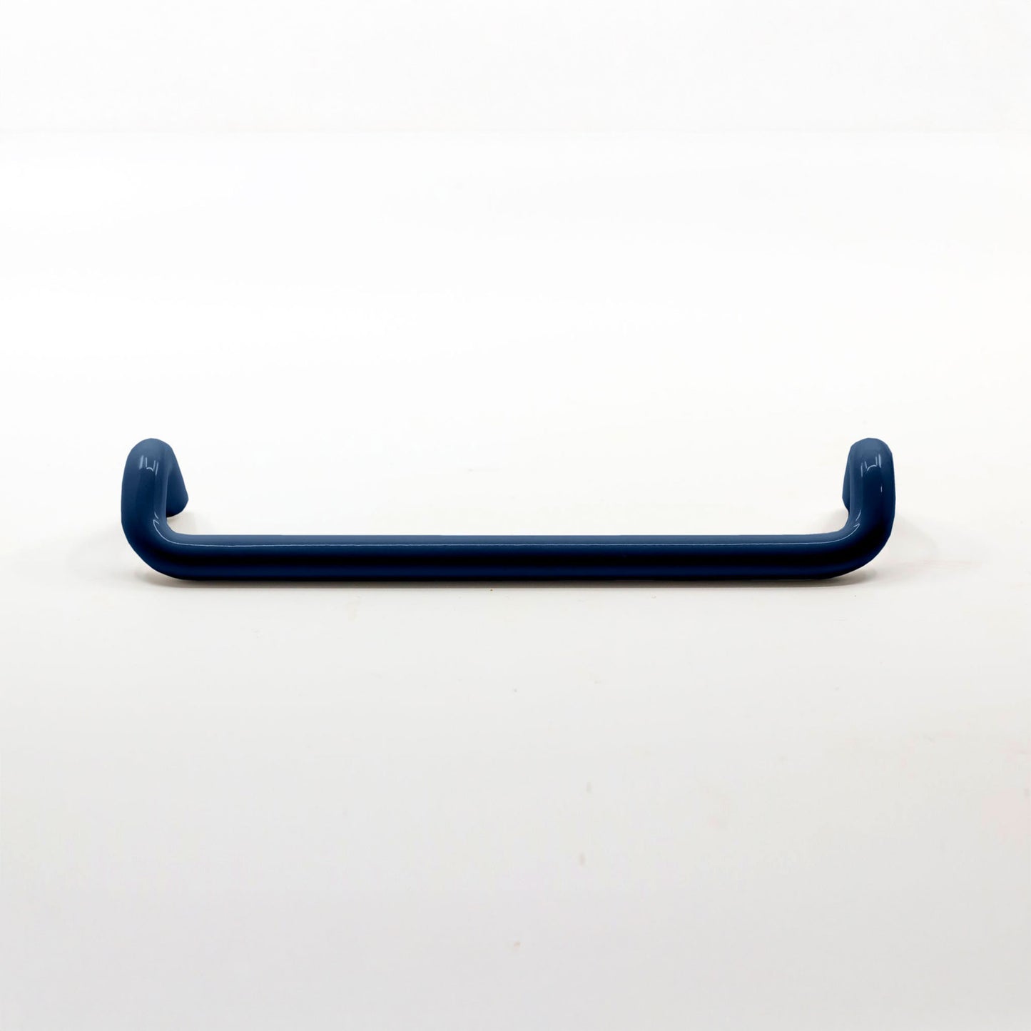 A single dark blue metal cabinet pull with rounded ends, shown horizontally against a plain white background.