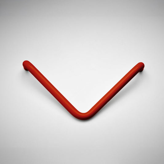 A curved, V-shaped metal cabinet pull in a matte red finish, displayed on a clean light gray background.