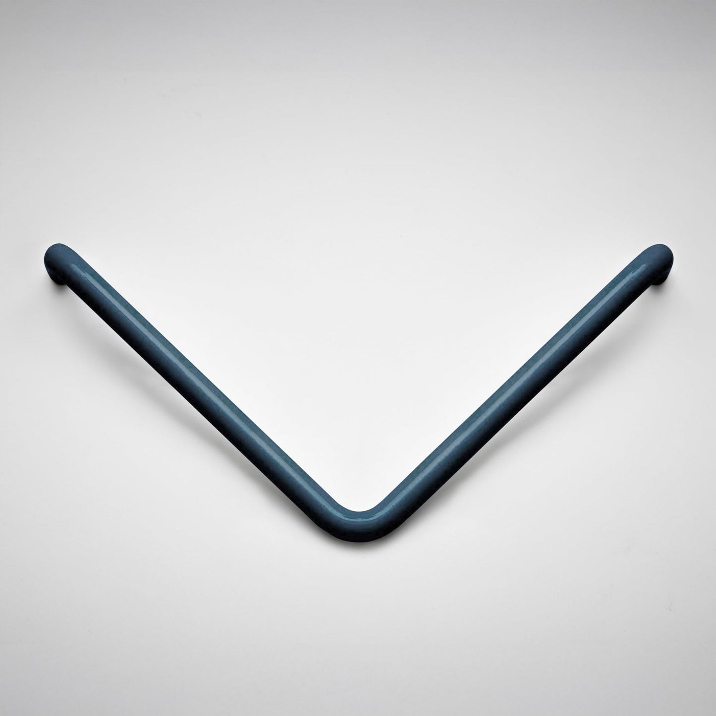 A modern V-shaped cabinet pull in a matte dark blue-gray finish, shown against a clean light gray background.