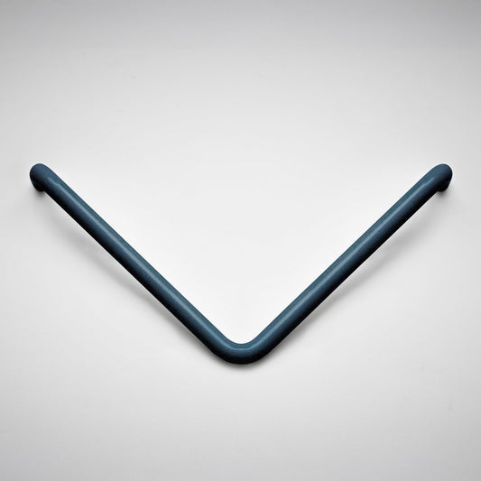 A modern V-shaped cabinet pull in a matte dark blue-gray finish, shown against a clean light gray background.