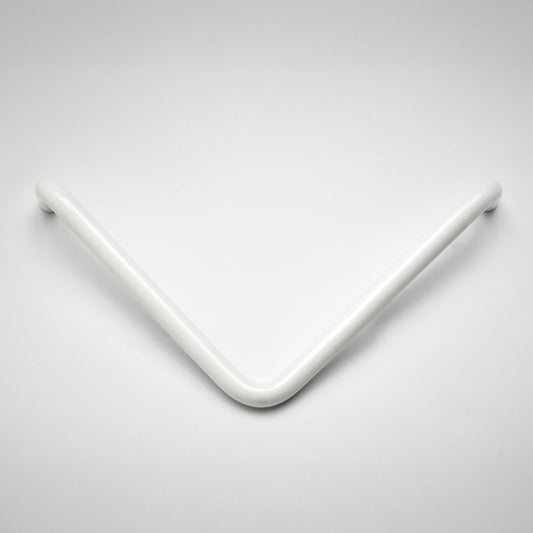 A white, curved metal cabinet pull with a smooth, rounded finish, shown on a clean light gray background.