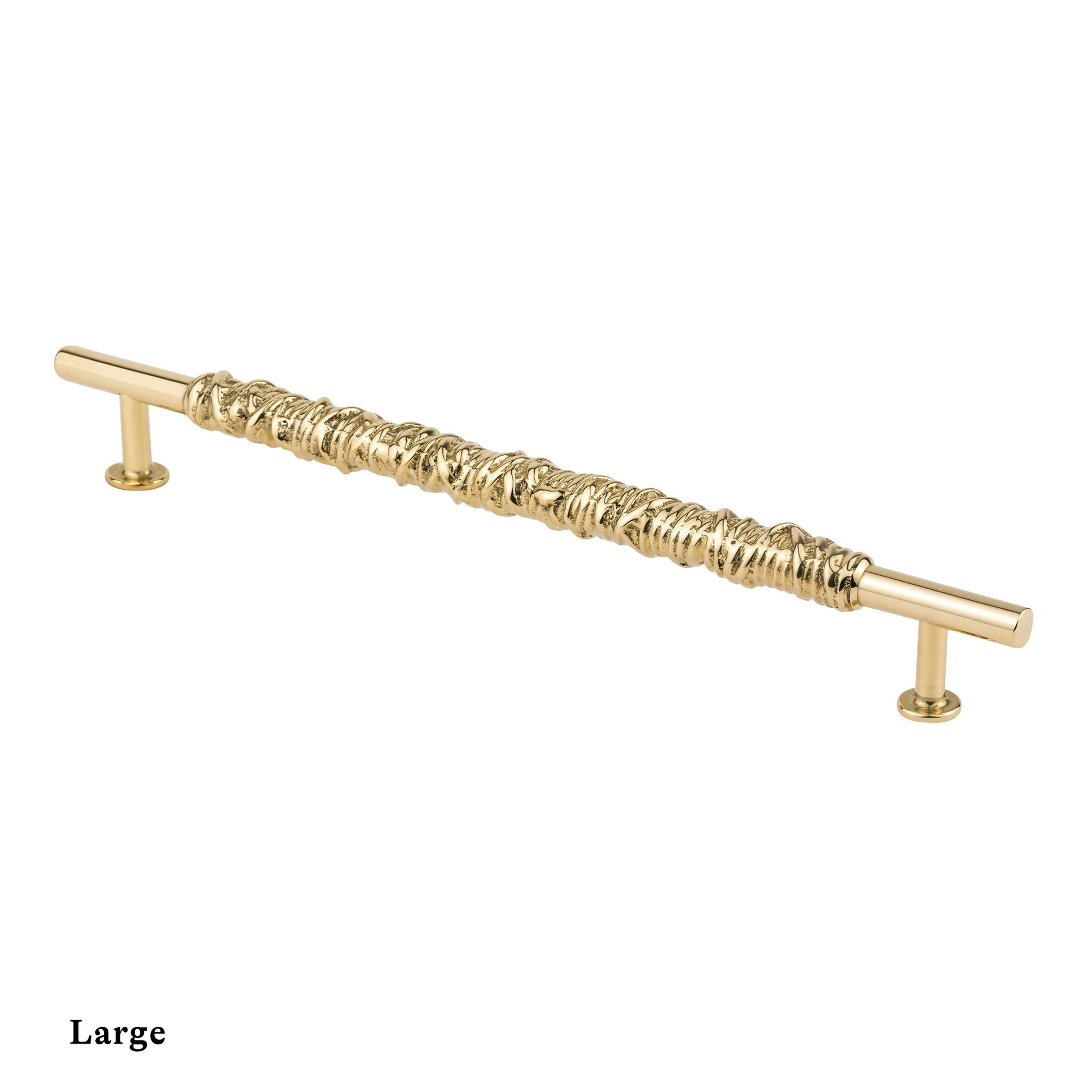 Side view of a brass textured cabinet pull handle on a white background