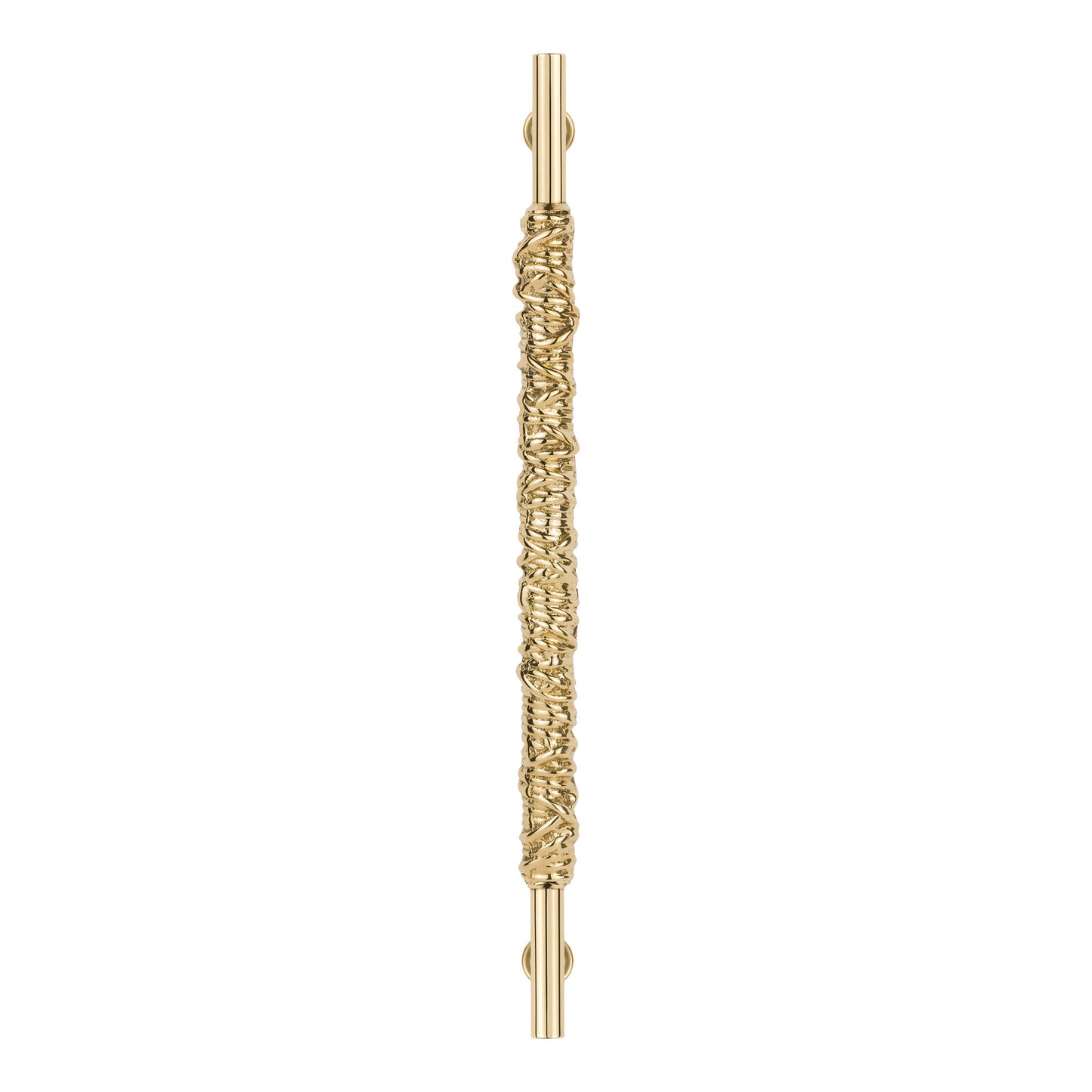 Top view of a brass textured cabinet pull handle on a white background