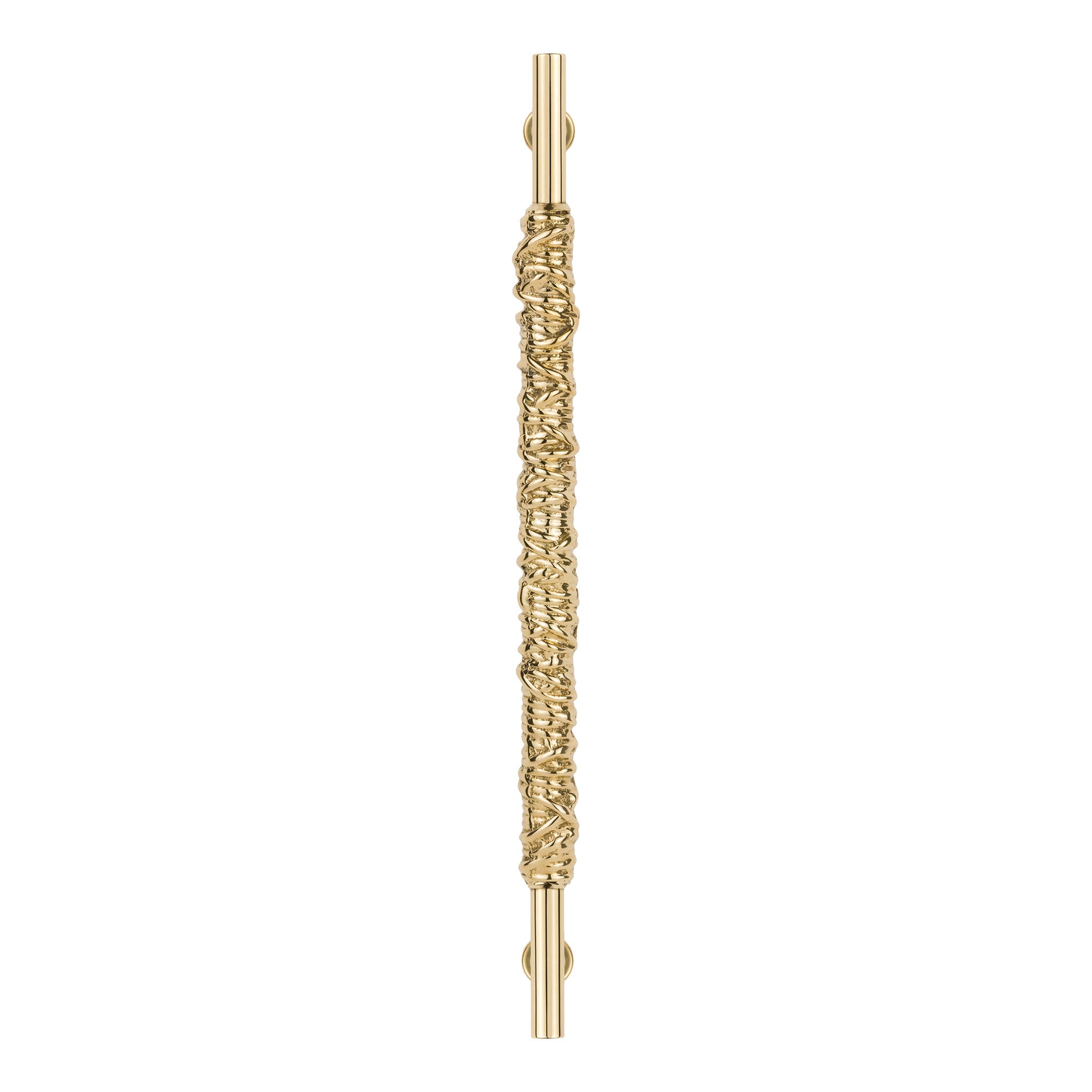 Top view of a brass textured cabinet pull handle on a white background