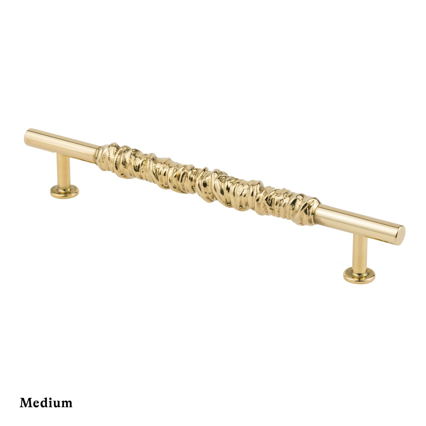 Side view of a brass textured cabinet pull handle on a white background